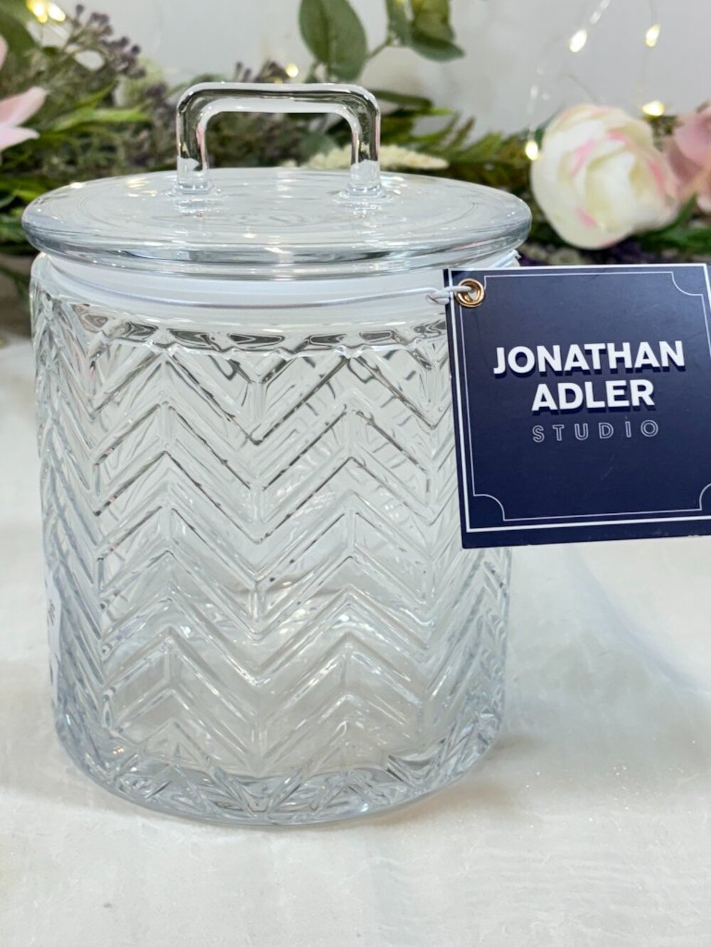 Jonathan Adler Studio Textured Herringbone Glass Canister Jar W/Handled Lid